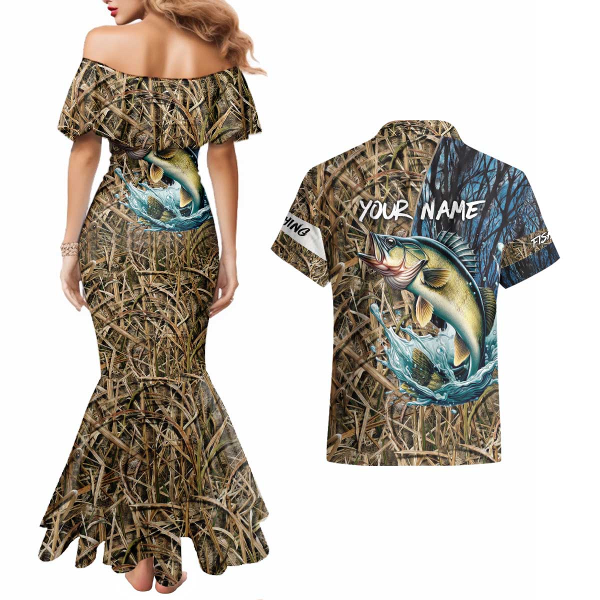 Personalized Walleye Splash Couples Matching Mermaid Dress and Hawaiian Shirt Camo Reeds and Night Forest Fishing Theme - Wonder Print Shop