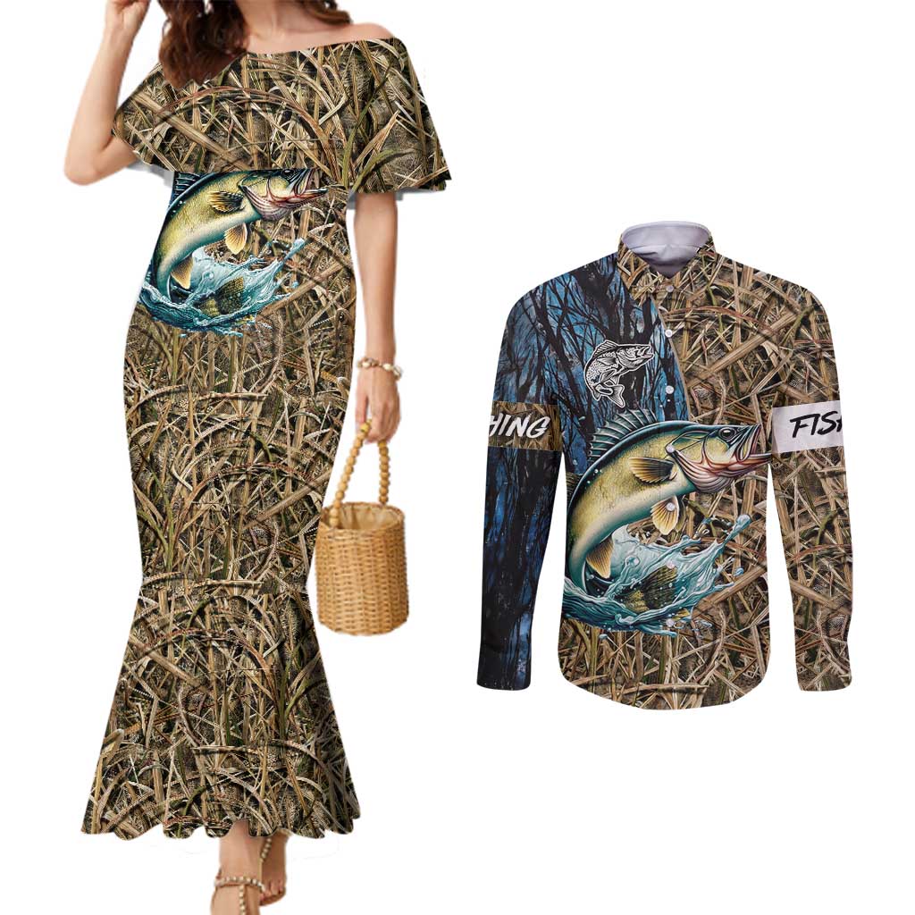 Personalized Walleye Splash Couples Matching Mermaid Dress and Long Sleeve Button Shirt Camo Reeds and Night Forest Fishing Theme - Wonder Print Shop