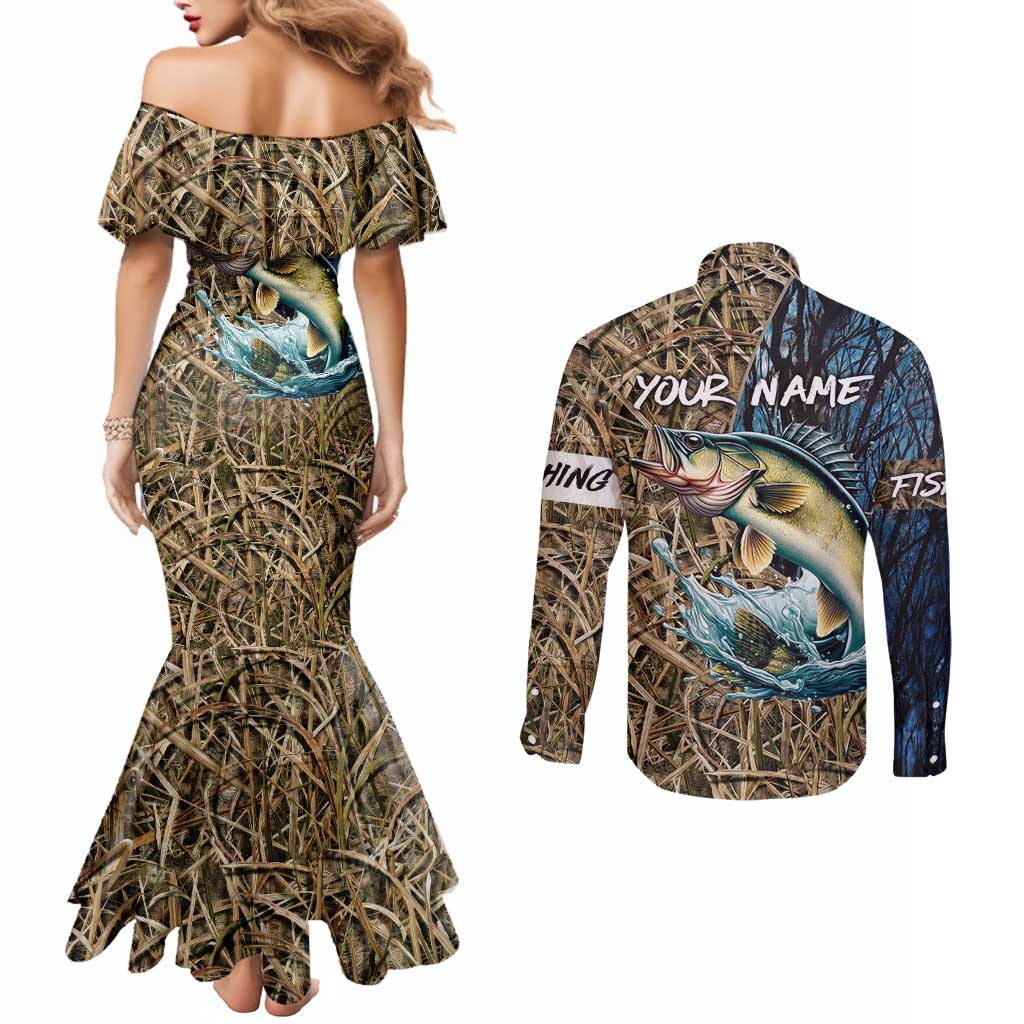 Personalized Walleye Splash Couples Matching Mermaid Dress and Long Sleeve Button Shirt Camo Reeds and Night Forest Fishing Theme - Wonder Print Shop