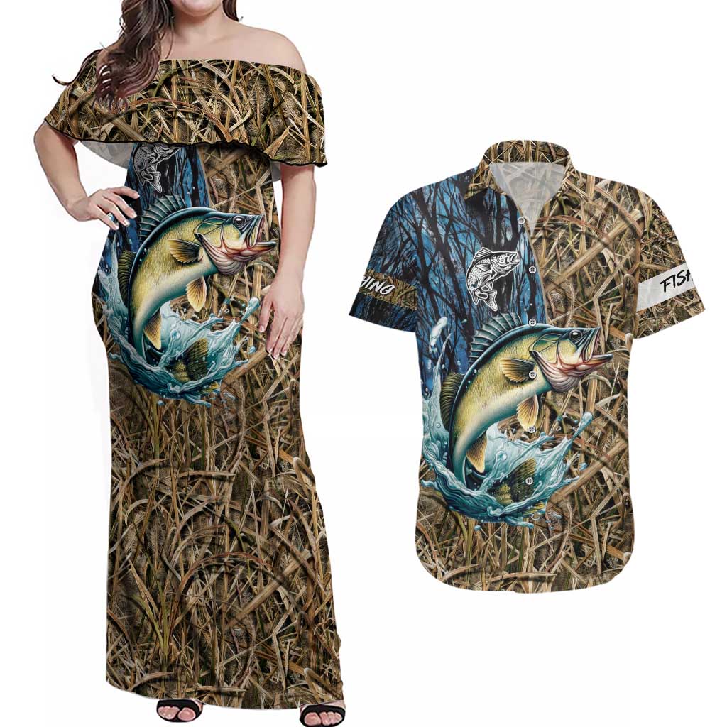 Personalized Walleye Splash Couples Matching Off Shoulder Maxi Dress and Hawaiian Shirt Camo Reeds and Night Forest Fishing Theme - Wonder Print Shop