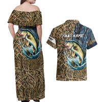 Personalized Walleye Splash Couples Matching Off Shoulder Maxi Dress and Hawaiian Shirt Camo Reeds and Night Forest Fishing Theme - Wonder Print Shop