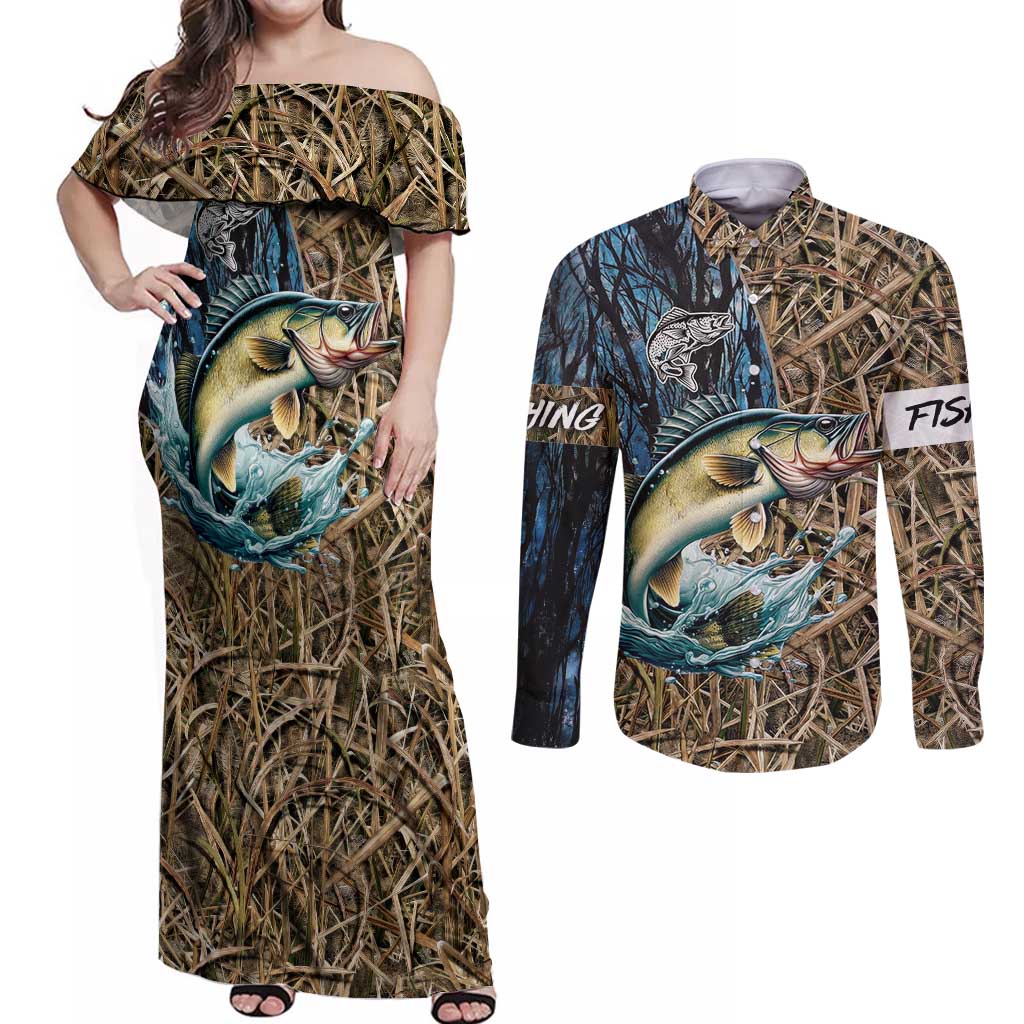 Personalized Walleye Splash Couples Matching Off Shoulder Maxi Dress and Long Sleeve Button Shirt Camo Reeds and Night Forest Fishing Theme - Wonder Print Shop