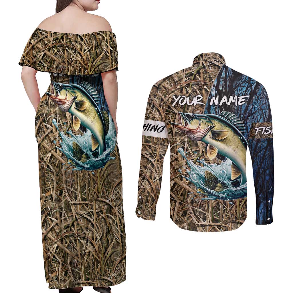 Personalized Walleye Splash Couples Matching Off Shoulder Maxi Dress and Long Sleeve Button Shirt Camo Reeds and Night Forest Fishing Theme - Wonder Print Shop
