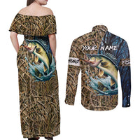 Personalized Walleye Splash Couples Matching Off Shoulder Maxi Dress and Long Sleeve Button Shirt Camo Reeds and Night Forest Fishing Theme - Wonder Print Shop