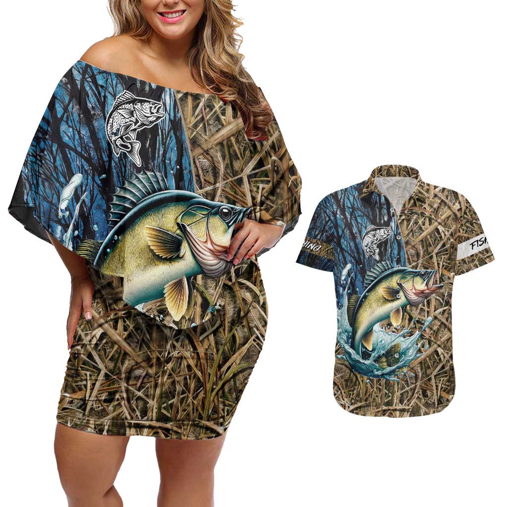 Personalized Walleye Splash Couples Matching Off Shoulder Short Dress and Hawaiian Shirt Camo Reeds and Night Forest Fishing Theme - Wonder Print Shop