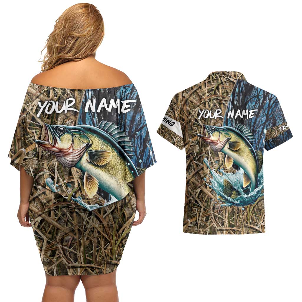 Personalized Walleye Splash Couples Matching Off Shoulder Short Dress and Hawaiian Shirt Camo Reeds and Night Forest Fishing Theme - Wonder Print Shop