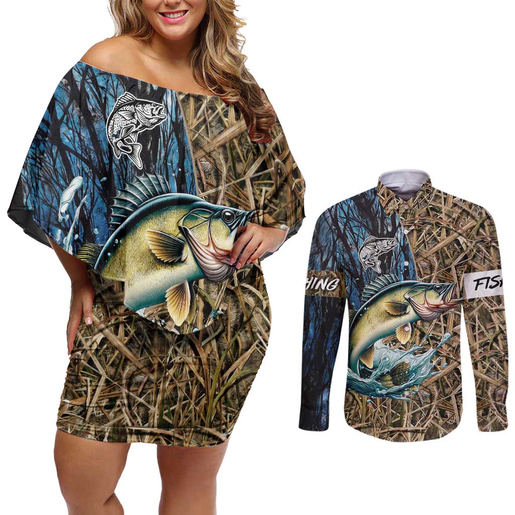 Personalized Walleye Splash Couples Matching Off Shoulder Short Dress and Long Sleeve Button Shirt Camo Reeds and Night Forest Fishing Theme - Wonder Print Shop