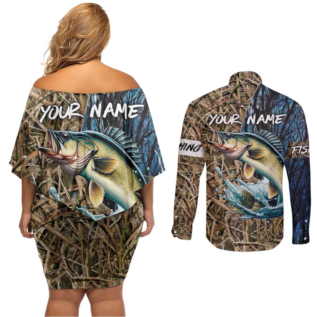 Personalized Walleye Splash Couples Matching Off Shoulder Short Dress and Long Sleeve Button Shirt Camo Reeds and Night Forest Fishing Theme - Wonder Print Shop