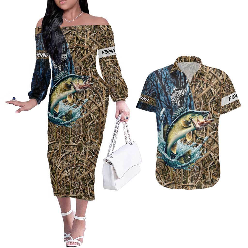 Personalized Walleye Splash Couples Matching Off The Shoulder Long Sleeve Dress and Hawaiian Shirt Camo Reeds and Night Forest Fishing Theme - Wonder Print Shop