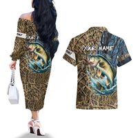Personalized Walleye Splash Couples Matching Off The Shoulder Long Sleeve Dress and Hawaiian Shirt Camo Reeds and Night Forest Fishing Theme - Wonder Print Shop