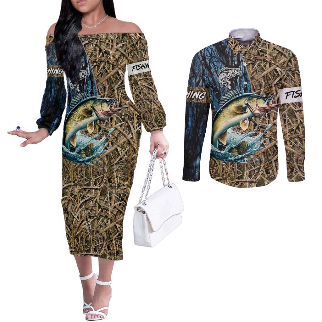 Personalized Walleye Splash Couples Matching Off The Shoulder Long Sleeve Dress and Long Sleeve Button Shirt Camo Reeds and Night Forest Fishing Theme - Wonder Print Shop