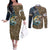 Personalized Walleye Splash Couples Matching Off The Shoulder Long Sleeve Dress and Long Sleeve Button Shirt Camo Reeds and Night Forest Fishing Theme - Wonder Print Shop
