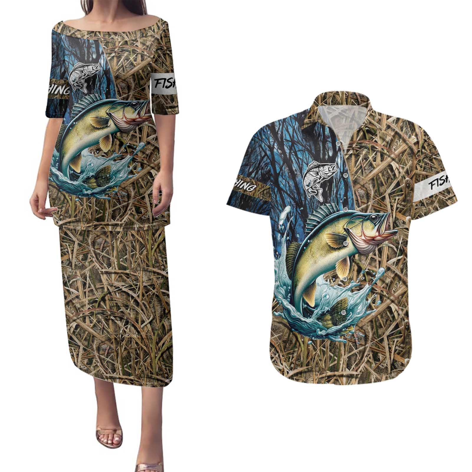 Personalized Walleye Splash Couples Matching Puletasi and Hawaiian Shirt Camo Reeds and Night Forest Fishing Theme - Wonder Print Shop