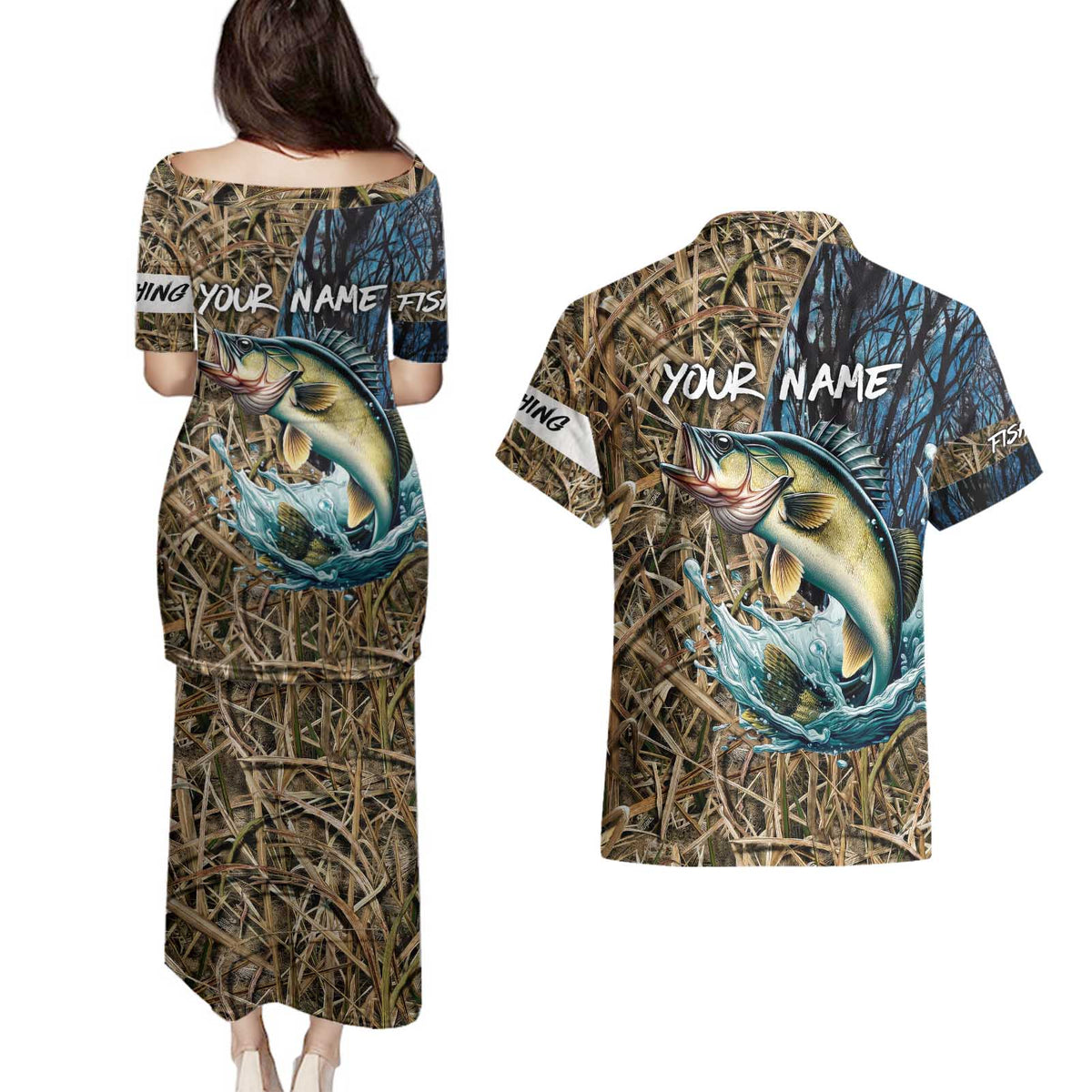 Personalized Walleye Splash Couples Matching Puletasi and Hawaiian Shirt Camo Reeds and Night Forest Fishing Theme - Wonder Print Shop