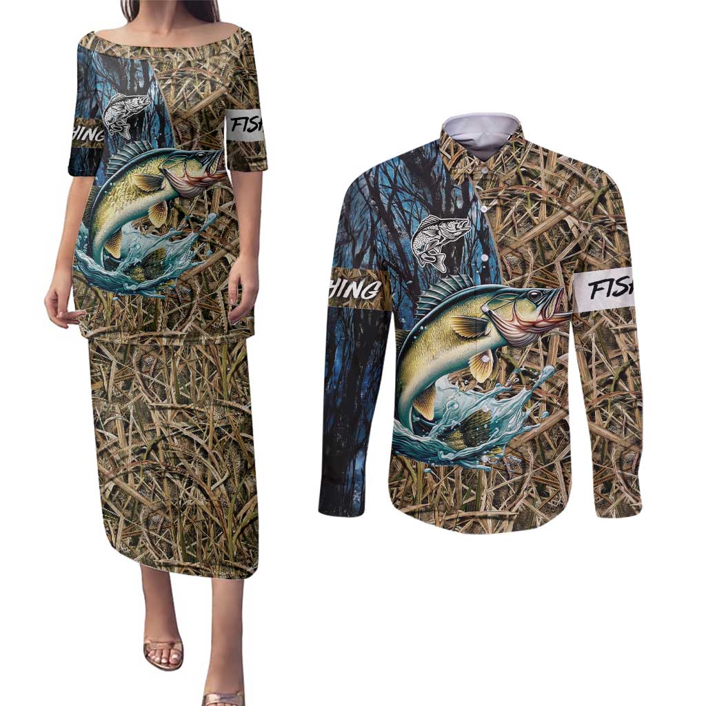 Personalized Walleye Splash Couples Matching Puletasi and Long Sleeve Button Shirt Camo Reeds and Night Forest Fishing Theme - Wonder Print Shop