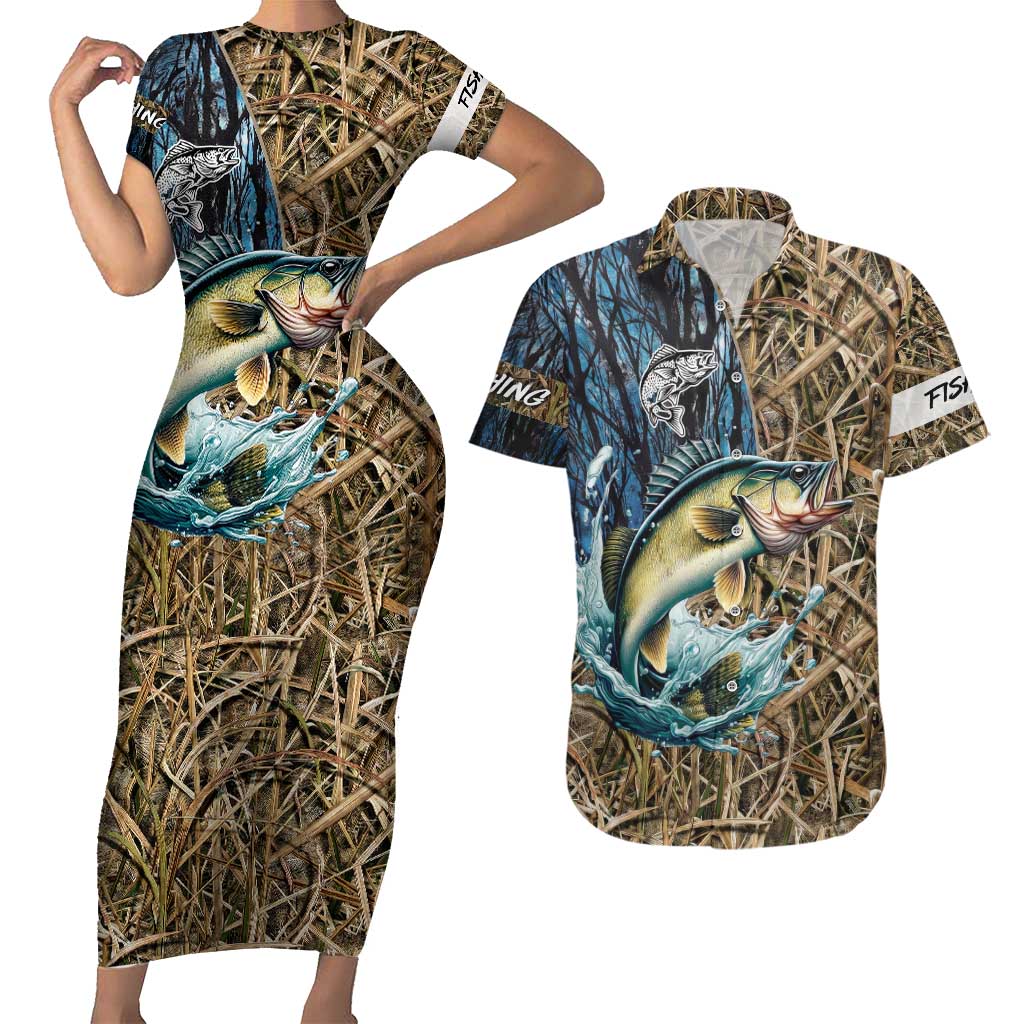 Personalized Walleye Splash Couples Matching Short Sleeve Bodycon Dress and Hawaiian Shirt Camo Reeds and Night Forest Fishing Theme - Wonder Print Shop