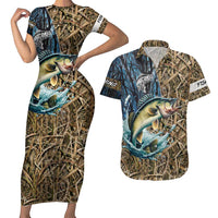 Personalized Walleye Splash Couples Matching Short Sleeve Bodycon Dress and Hawaiian Shirt Camo Reeds and Night Forest Fishing Theme - Wonder Print Shop