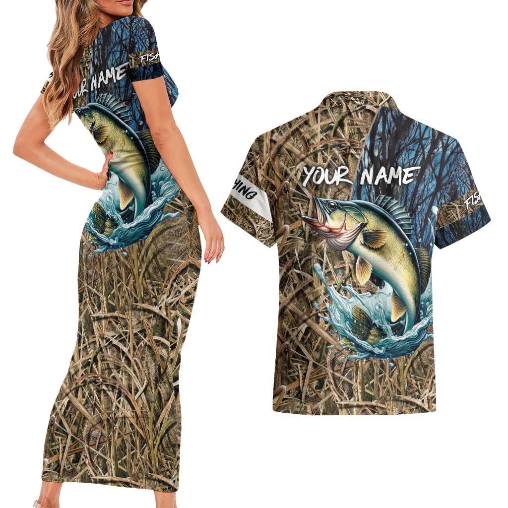 Personalized Walleye Splash Couples Matching Short Sleeve Bodycon Dress and Hawaiian Shirt Camo Reeds and Night Forest Fishing Theme - Wonder Print Shop
