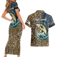 Personalized Walleye Splash Couples Matching Short Sleeve Bodycon Dress and Hawaiian Shirt Camo Reeds and Night Forest Fishing Theme - Wonder Print Shop