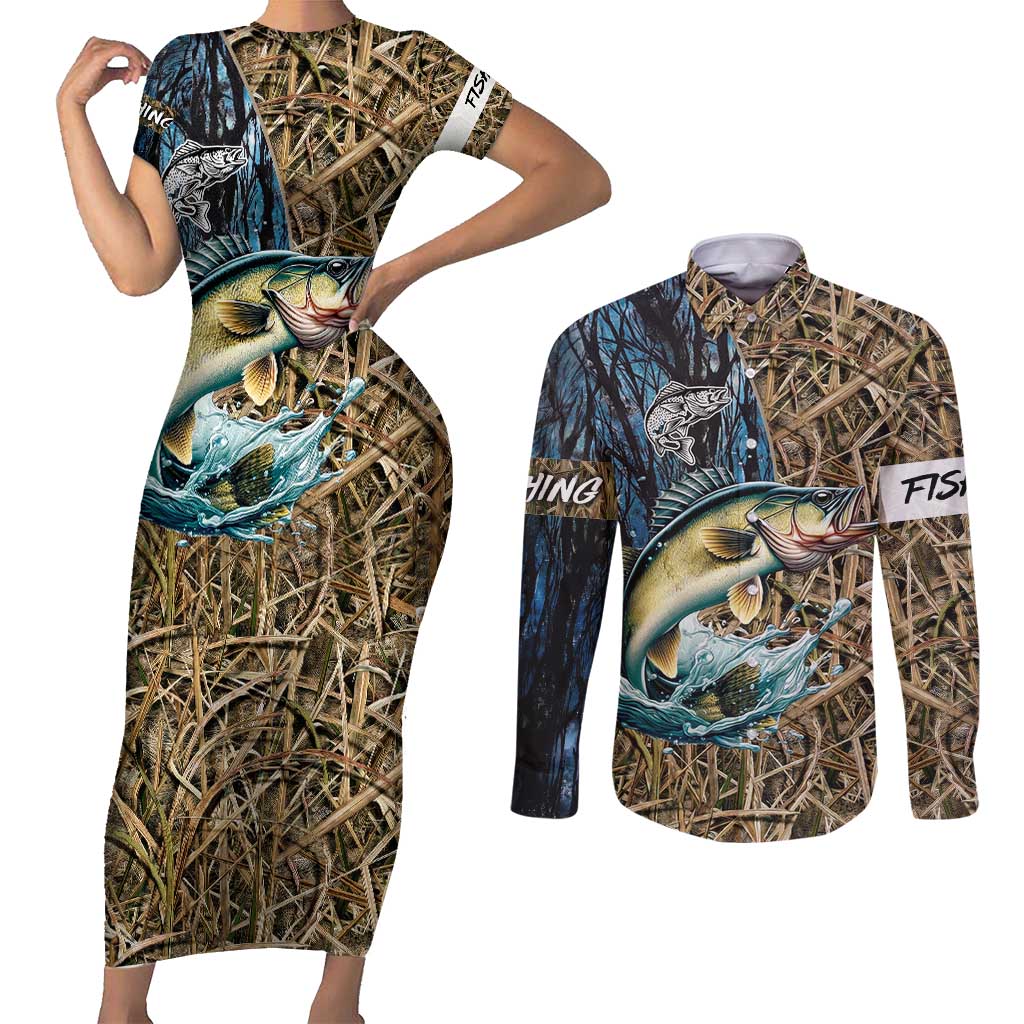 Personalized Walleye Splash Couples Matching Short Sleeve Bodycon Dress and Long Sleeve Button Shirt Camo Reeds and Night Forest Fishing Theme - Wonder Print Shop