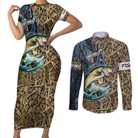 Personalized Walleye Splash Couples Matching Short Sleeve Bodycon Dress and Long Sleeve Button Shirt Camo Reeds and Night Forest Fishing Theme - Wonder Print Shop