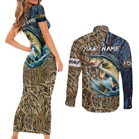 Personalized Walleye Splash Couples Matching Short Sleeve Bodycon Dress and Long Sleeve Button Shirt Camo Reeds and Night Forest Fishing Theme - Wonder Print Shop