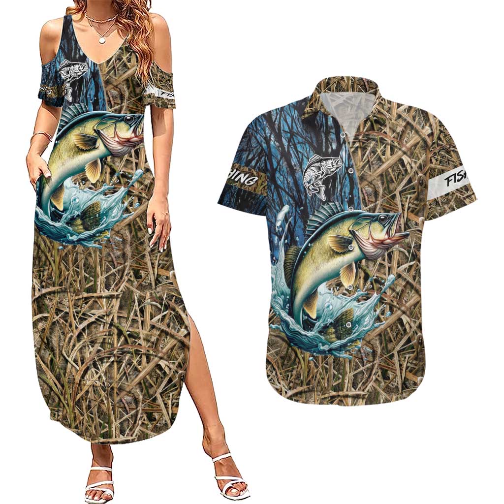 Personalized Walleye Splash Couples Matching Summer Maxi Dress and Hawaiian Shirt Camo Reeds and Night Forest Fishing Theme - Wonder Print Shop