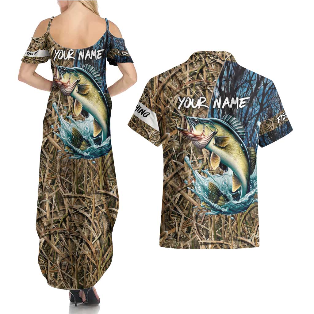 Personalized Walleye Splash Couples Matching Summer Maxi Dress and Hawaiian Shirt Camo Reeds and Night Forest Fishing Theme - Wonder Print Shop
