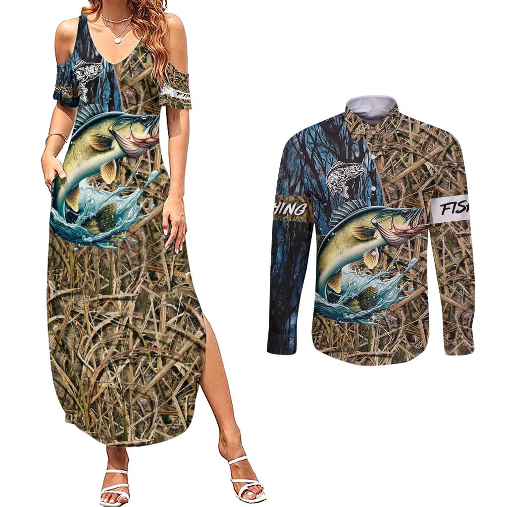 Personalized Walleye Splash Couples Matching Summer Maxi Dress and Long Sleeve Button Shirt Camo Reeds and Night Forest Fishing Theme - Wonder Print Shop