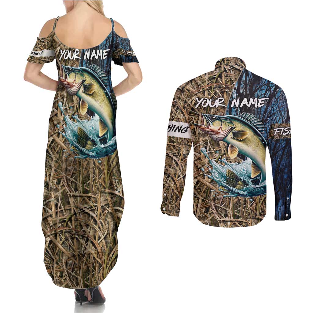 Personalized Walleye Splash Couples Matching Summer Maxi Dress and Long Sleeve Button Shirt Camo Reeds and Night Forest Fishing Theme - Wonder Print Shop