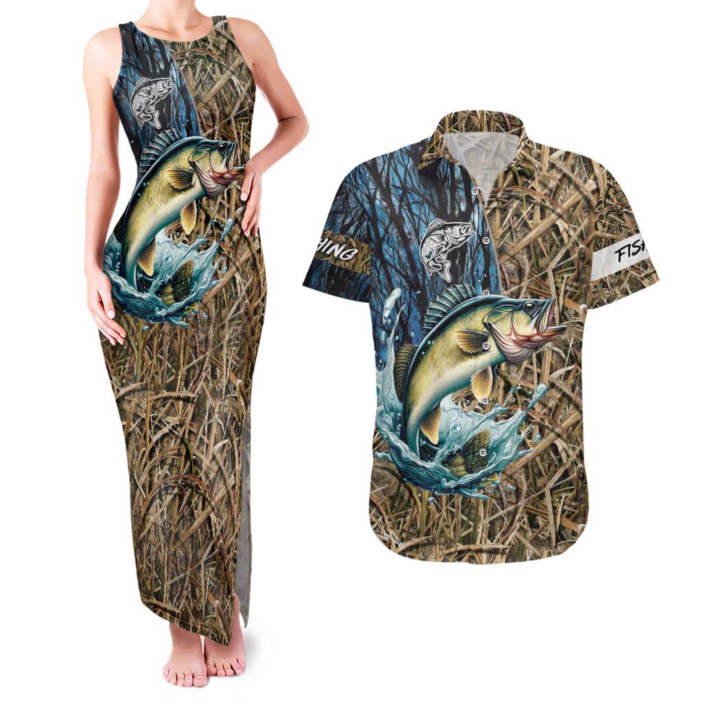 Personalized Walleye Splash Couples Matching Tank Maxi Dress and Hawaiian Shirt Camo Reeds and Night Forest Fishing Theme - Wonder Print Shop