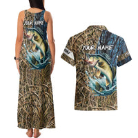 Personalized Walleye Splash Couples Matching Tank Maxi Dress and Hawaiian Shirt Camo Reeds and Night Forest Fishing Theme - Wonder Print Shop