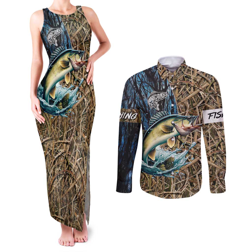 Personalized Walleye Splash Couples Matching Tank Maxi Dress and Long Sleeve Button Shirt Camo Reeds and Night Forest Fishing Theme - Wonder Print Shop