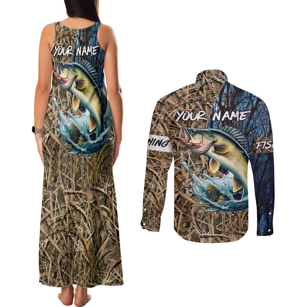 Personalized Walleye Splash Couples Matching Tank Maxi Dress and Long Sleeve Button Shirt Camo Reeds and Night Forest Fishing Theme - Wonder Print Shop