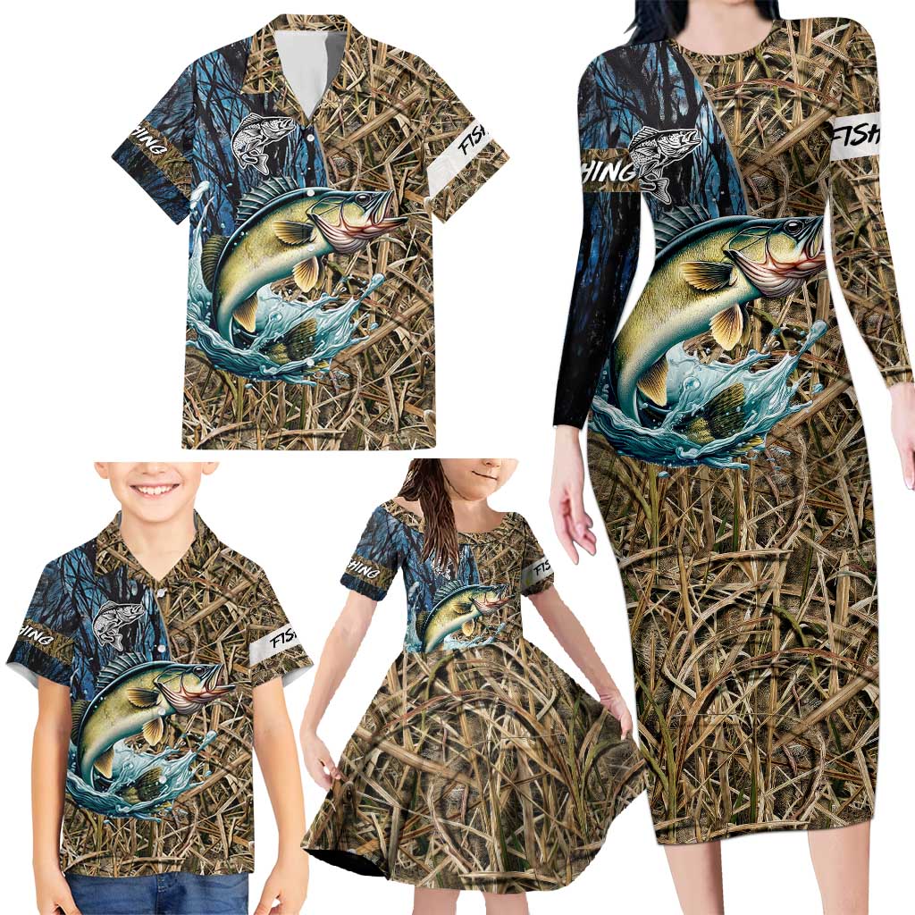 Personalized Walleye Splash Family Matching Long Sleeve Bodycon Dress and Hawaiian Shirt Camo Reeds and Night Forest Fishing Theme - Wonder Print Shop