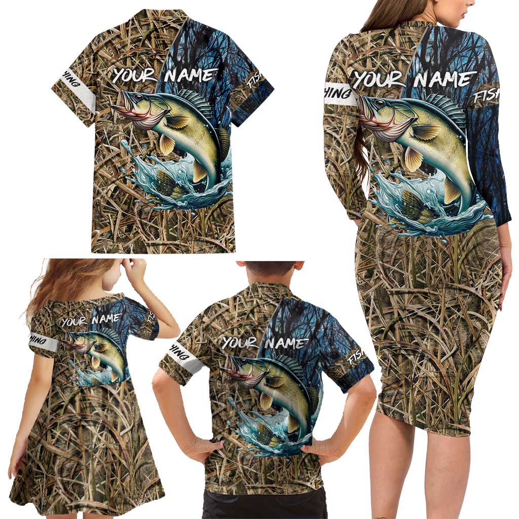 Personalized Walleye Splash Family Matching Long Sleeve Bodycon Dress and Hawaiian Shirt Camo Reeds and Night Forest Fishing Theme - Wonder Print Shop