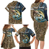 Personalized Walleye Splash Family Matching Long Sleeve Bodycon Dress and Hawaiian Shirt Camo Reeds and Night Forest Fishing Theme - Wonder Print Shop