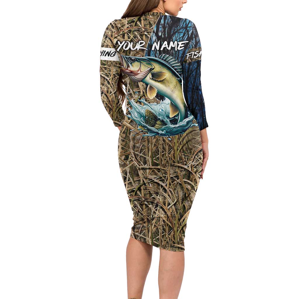 Personalized Walleye Splash Family Matching Long Sleeve Bodycon Dress and Hawaiian Shirt Camo Reeds and Night Forest Fishing Theme - Wonder Print Shop