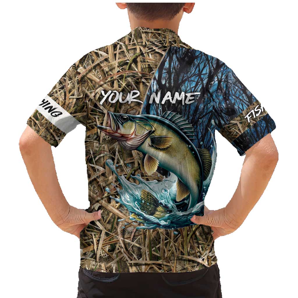 Personalized Walleye Splash Family Matching Mermaid Dress and Hawaiian Shirt Camo Reeds and Night Forest Fishing Theme - Wonder Print Shop