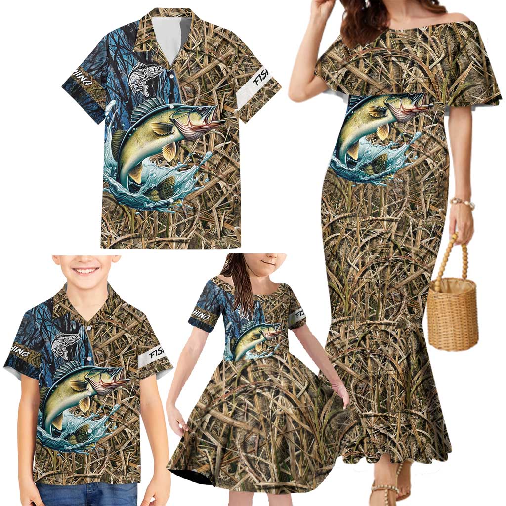 Personalized Walleye Splash Family Matching Mermaid Dress and Hawaiian Shirt Camo Reeds and Night Forest Fishing Theme - Wonder Print Shop