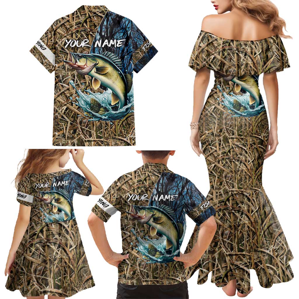 Personalized Walleye Splash Family Matching Mermaid Dress and Hawaiian Shirt Camo Reeds and Night Forest Fishing Theme - Wonder Print Shop
