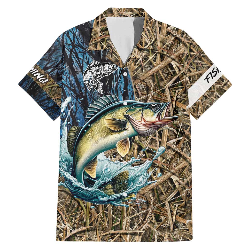 Personalized Walleye Splash Family Matching Mermaid Dress and Hawaiian Shirt Camo Reeds and Night Forest Fishing Theme - Wonder Print Shop