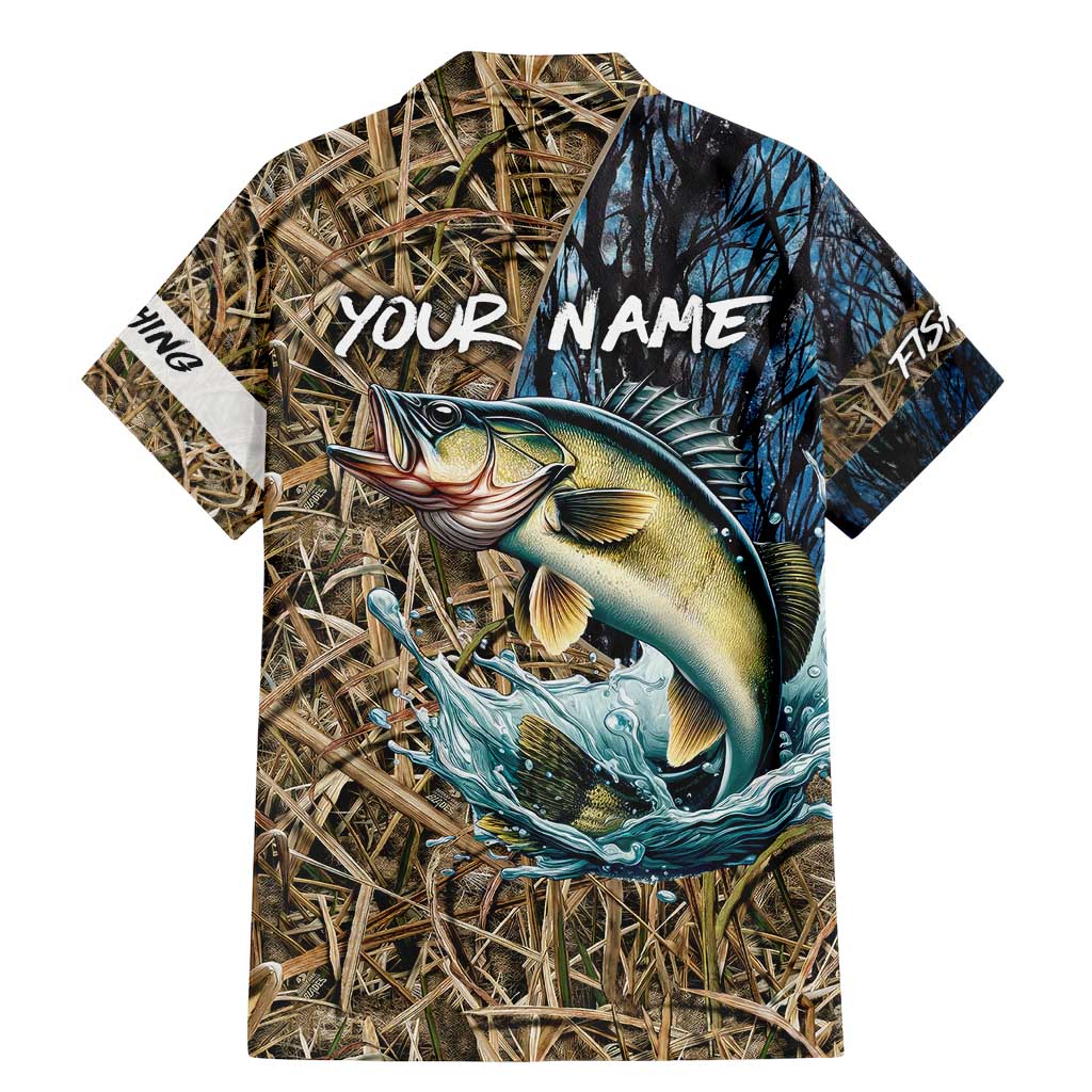 Personalized Walleye Splash Family Matching Mermaid Dress and Hawaiian Shirt Camo Reeds and Night Forest Fishing Theme - Wonder Print Shop
