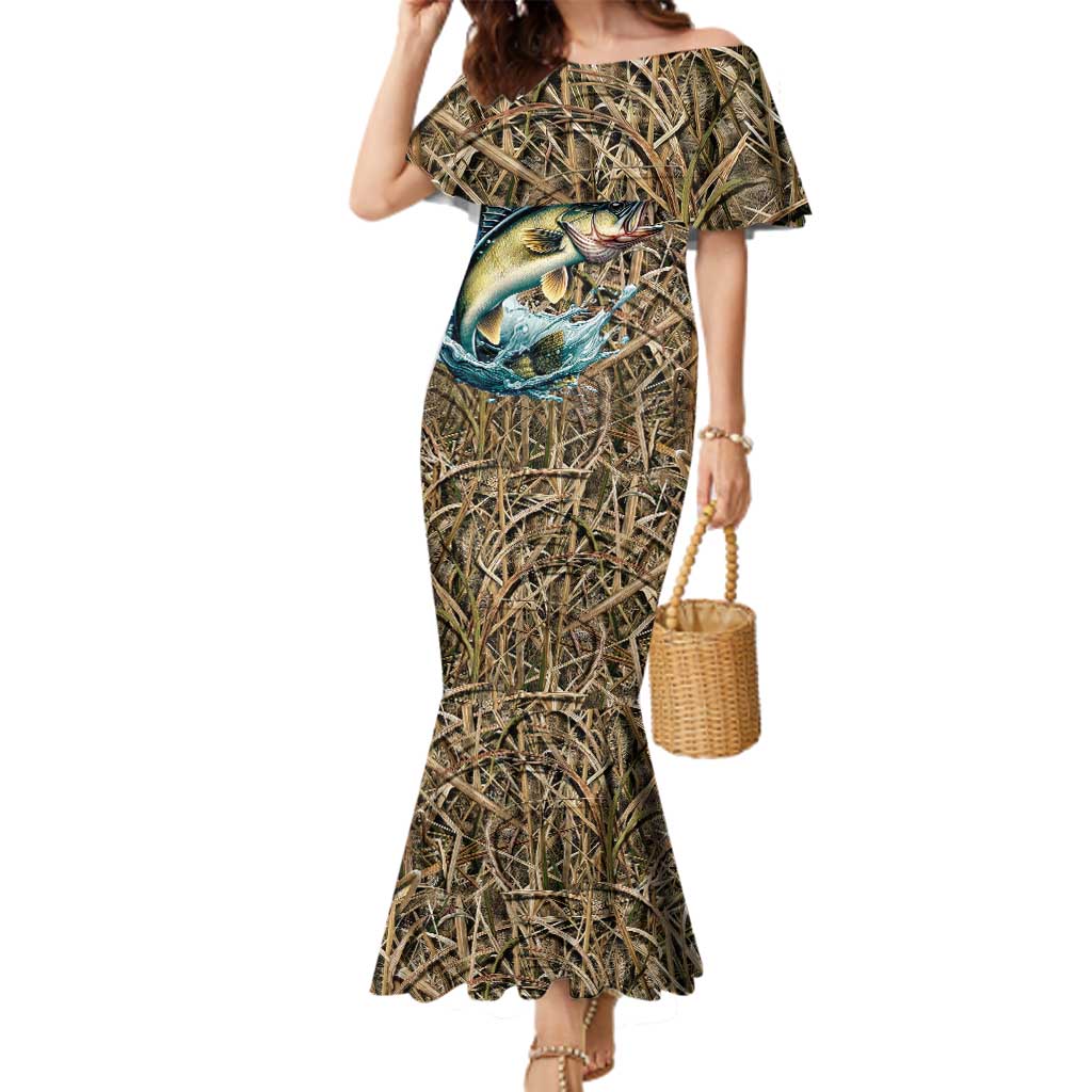 Personalized Walleye Splash Family Matching Mermaid Dress and Hawaiian Shirt Camo Reeds and Night Forest Fishing Theme - Wonder Print Shop