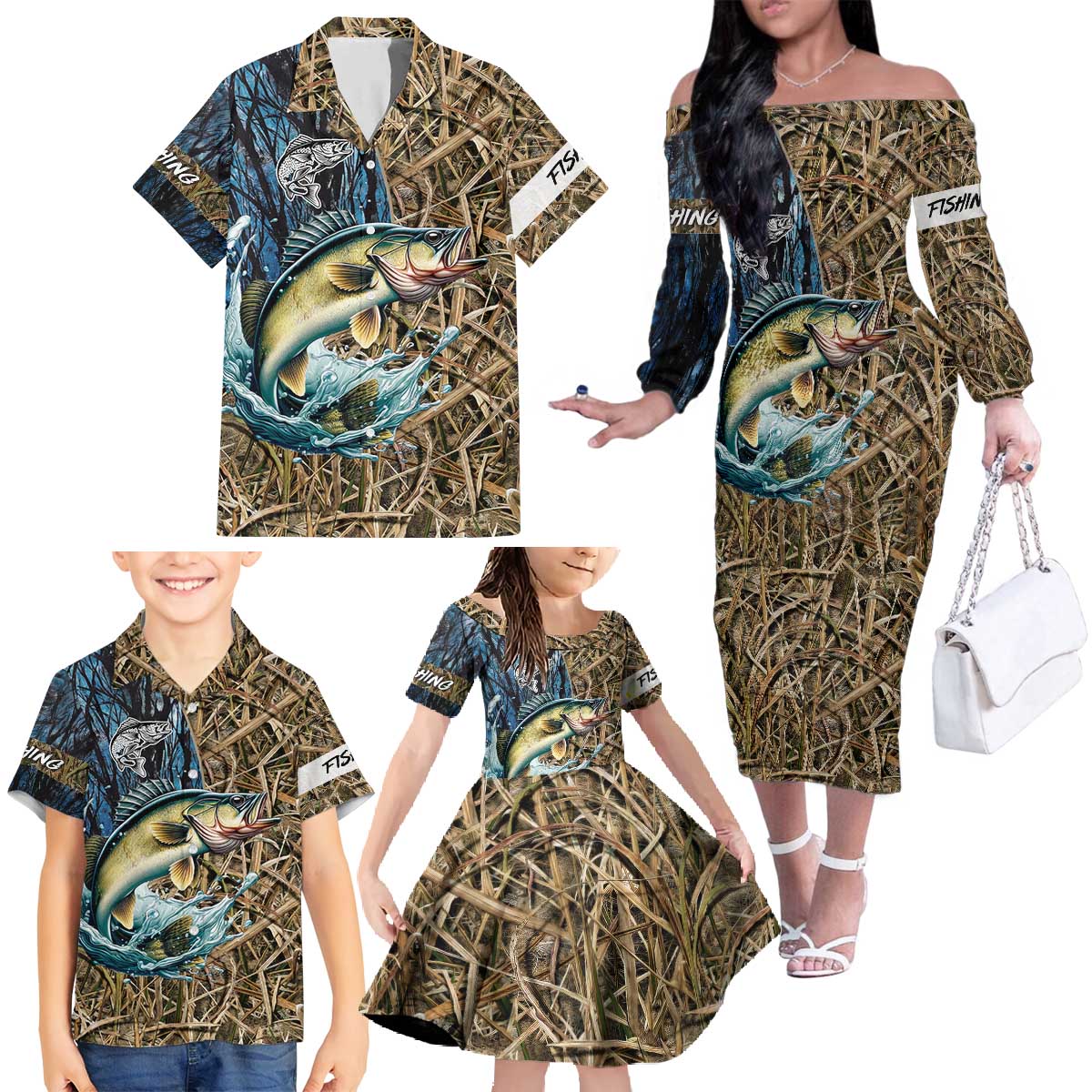 Personalized Walleye Splash Family Matching Off The Shoulder Long Sleeve Dress and Hawaiian Shirt Camo Reeds and Night Forest Fishing Theme - Wonder Print Shop