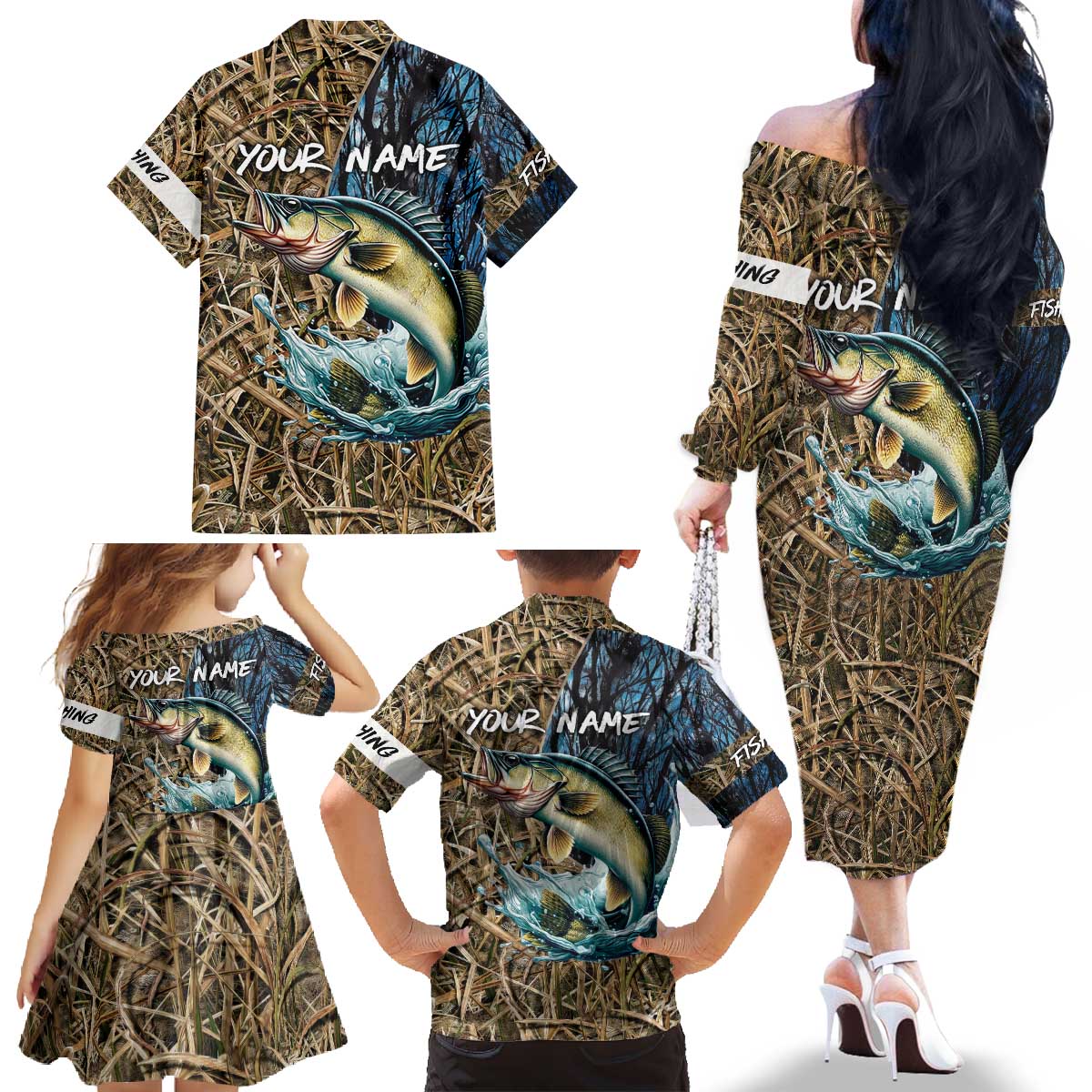 Personalized Walleye Splash Family Matching Off The Shoulder Long Sleeve Dress and Hawaiian Shirt Camo Reeds and Night Forest Fishing Theme - Wonder Print Shop