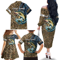 Personalized Walleye Splash Family Matching Off The Shoulder Long Sleeve Dress and Hawaiian Shirt Camo Reeds and Night Forest Fishing Theme - Wonder Print Shop