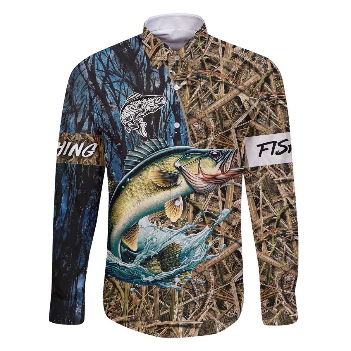Personalized Walleye Splash Family Matching Off The Shoulder Long Sleeve Dress and Hawaiian Shirt Camo Reeds and Night Forest Fishing Theme - Wonder Print Shop