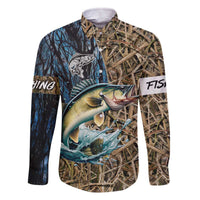 Personalized Walleye Splash Family Matching Off The Shoulder Long Sleeve Dress and Hawaiian Shirt Camo Reeds and Night Forest Fishing Theme - Wonder Print Shop