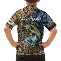 Personalized Walleye Splash Family Matching Off Shoulder Maxi Dress and Hawaiian Shirt Camo Reeds and Night Forest Fishing Theme - Wonder Print Shop